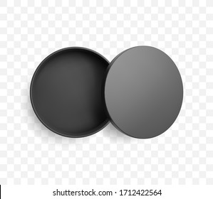 Realistic Half Open Round Black Box And Lid With Shadow. Top View Vector Mockup