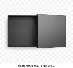 Realistic Half Open Square Black Box And Lid With Shadow. Top View Vector Mockup