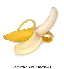 Realistic half peeled banana. 3d vector illustration.
