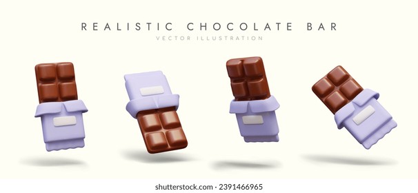 Realistic half unfolded chocolate bar. Unbranded packaging, mockup. Sweets from cocoa beans. Textured object in different positions. Vector color template