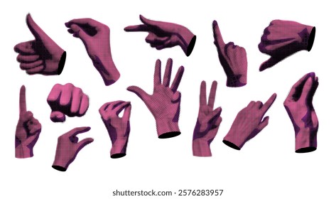 Realistic Halftone Dotted Human Hands Different Gestures Set Bad and Good Signs Collage Element . Vector illustration of Pointing Hand