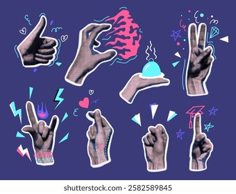 Realistic Halftone Dotted Human Hands Different Gestures Set Contemporary Art Collage Elements. Vector illustration of Victory and Heart Signs Hand