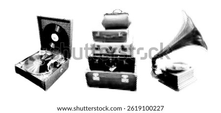 Realistic Halftone Effect Illustration of a Gramophone, Record Player, and Vintage Suitcases