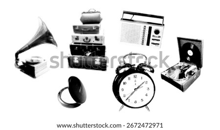 Realistic Halftone Effect Illustration of a Gramophone, Record Player, and Vintage Suitcases