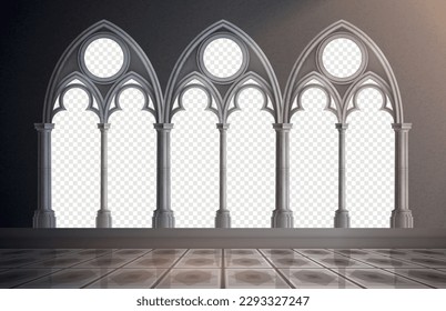 Realistic hall interior with marble arches and columns on transparent background vector illustration