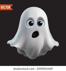 Realista personaje fantasma de Halloween 3D con una expresión sorprendida y ojos azules contra fondo oscuro. Silueta de monstruos de espíritu. Perfecto para gráficos de Halloween, carteles. Ilustraciones vectoriales