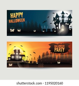 Realistic Halloween Banner Design Collection Template with Spooky House, Scary Pumpkins and Bats