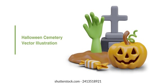 Ilustración realista del cementerio de Halloween. Mano zombie verde sale de la tumba, linterna de calabaza, lápida con cruz, caramelos. El mundo del otoño asustado. Truco o tratamiento