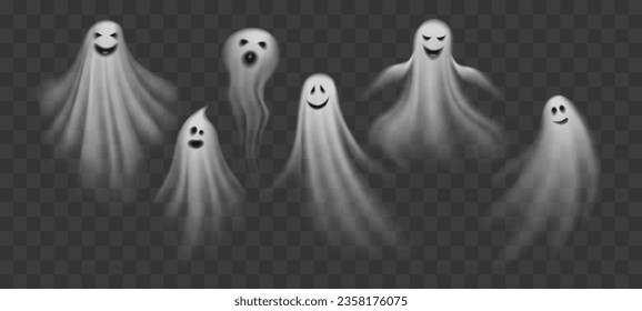 Realistic Halloween ghosts and cartoon boo poltergeist or holiday monsters, vector transparent spirits. Halloween horror night spooky ghosts flying with scary faces and grim smiles for trick or treat