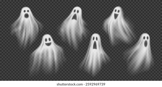 Realistic Halloween ghosts scary flying phantoms. 3d vector set of transparent white ghoul or spirit silhouettes with spooky faces. Horror holiday floating phantoms or nightmare shadows, foggy figures