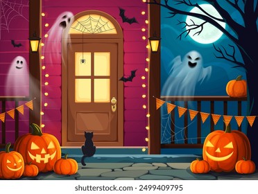 Fantasmas realistas de Halloween y aterradoras linternas de calabaza en el porche de la puerta decorado de vacaciones, Vector de dibujos animados. Truco de Halloween o tratar fiesta boo fantasmas con calabazas espeluznantes y gato negro bruja en la puerta