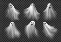 Realistic Halloween Ghosts. Vector 3d Scary Transparent White Ghost, Ghoul Or Spirit Monsters Silhouettes With Spooky Faces. Horror Holiday Flying Phantoms Or Nightmare Shadows Foggy Figures