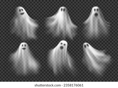 Realistic Halloween ghosts. Vector 3d scary transparent white ghost, ghoul or spirit monsters silhouettes with spooky faces. Horror holiday flying phantoms or nightmare shadows foggy figures