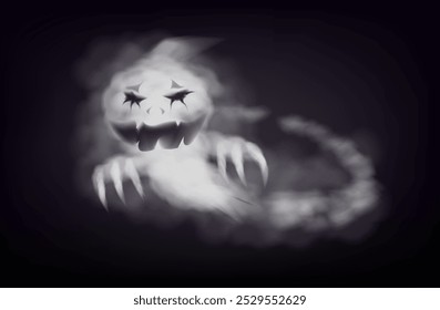 Fantasmas realistas de Halloween. Vector 3D miedo transparente fantasma blanco, ghoul o monstruos espirituales siluetas con caras espeluznantes. Fantasmas voladores de vacaciones de terror o sombras de pesadilla figuras brumosas