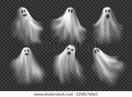 Realistic Halloween ghosts. Vector 3d scary transparent white ghost, ghoul or spirit monsters silhouettes with spooky faces. Horror holiday flying phantoms or nightmare shadows foggy figures Foto stock © 