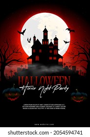 Realistic Halloween Party Poster With Red Gradient Colour, A Scary House, Tree, Bat, Moon, Pumpkin