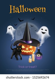 Realistic halloween poster with pumpkin black cat and cute ghosts on background with moon and flying bats vector illustration