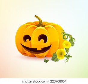 Realistic Halloween pumpkin with a carved face of it. 