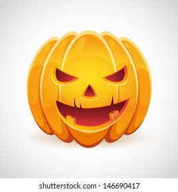 A realistic Halloween pumpkin with evil grin smile card isolated