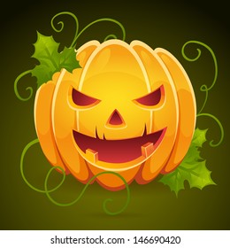A realistic Halloween pumpkin with evil grin smile card isolated