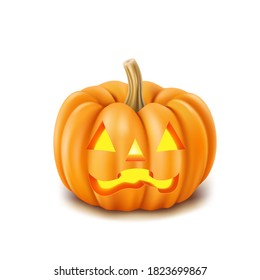 Realistic Halloween pumpkin on white background, angry face, scary monster. Vector illustration.