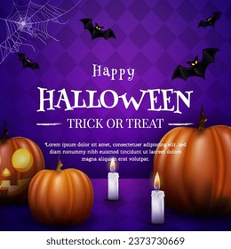 Realistic Halloween Sale Background with Candle, Pumpkins and Bat Illustration