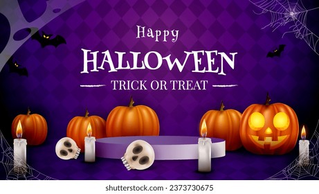 Realistic Halloween Sale Background with Candle, Pumpkins and Bat Illustration