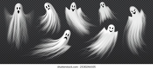 Fantasmas voadores assustadores de Halloween realistas. Vetor 3d isolado conjunto de transparente ghoul branco ou silhuetas de espírito com faces assustadoras. Fantasmas flutuantes de férias de terror ou sombras de pesadelo, figuras nebulosas