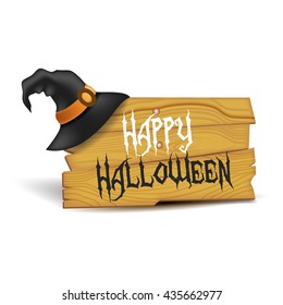 Realistic halloween signboard with pumpkins and hat