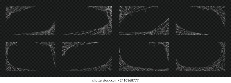 Realistic Halloween spider web or cobwebs for holiday frames and corners, vector backgrounds. Halloween trick or treat greeting card templates with white spiderweb and spider cobwebs in corner frames