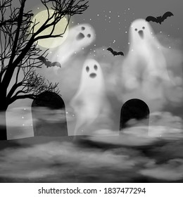 Realistic halloween vector background with ghosts in fog on cemetery. 3d smokes looking like night ghouls in mystic smoke near gravestones. Halloween illustration of scary poltergeist or phantom