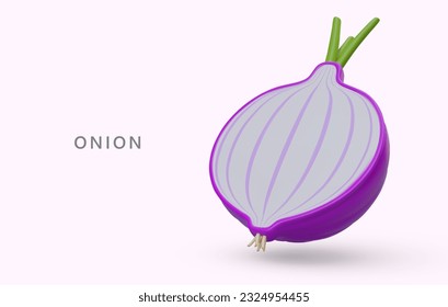 Realistic halved purple onion. Ripe vegetable, ready to eat. Unpeeled bulb with roots and sprouts. Vegetarian product. Concept for culinary applications, recipe books