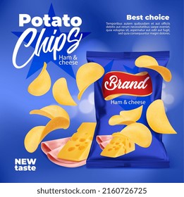 Realistic ham and cheese flavored potato chips snack food package. 3d vector poster with crunchy ripple chips snack pieces and blue foil bag. Delicious crisp meal promotion chips in pack