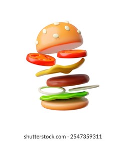 Realistic Hamburger 3D cartoon plastic style vector icon. Fast food takeaway eating. Render jumping appetizing bun, grilled beef, cheese, lettuce, onion and tomato. Volume American street dish