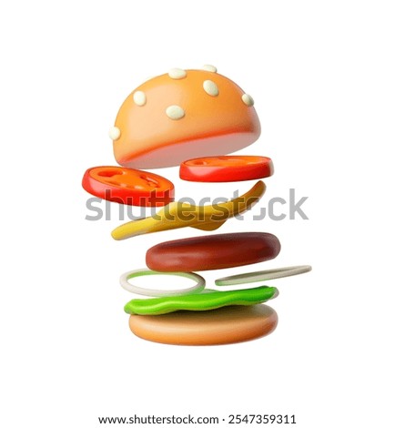 Realistic Hamburger 3D cartoon plastic style vector icon. Fast food takeaway eating. Render jumping appetizing bun, grilled beef, cheese, lettuce, onion and tomato. Volume American street dish