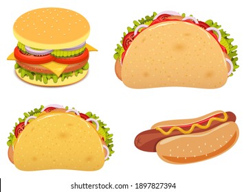 Realistic hamburger, burrito and hotdog sandwich vector design illustration isolated on white background