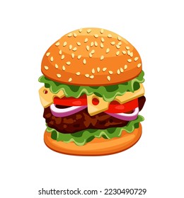 Realistic hamburger cartoon illustration. Delicious hamburger. Junk food, unhealthy diet concept