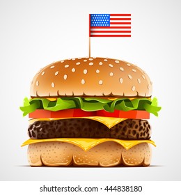 Realistic hamburger with cheese lettuce and tomato.  Cheeseburger with usa flag as american food symbol. Vector illustration