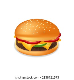 Realistic hamburger or cheeseburger with meat and cheese Fast food meal