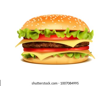  Realistic Hamburger Classic Burger American Cheeseburger with Lettuce Tomato Onion Cheese Beef and Sauce Close up isolated. Fast Food