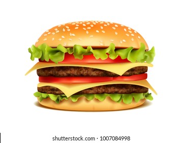  Realistic Hamburger Classic Burger American Cheeseburger with Lettuce Tomato Onion Cheese Beef and Sauce Close up isolated. Fast Food