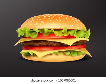  Realistic Hamburger Classic Burger American Cheeseburger with Lettuce Tomato Onion Cheese Beef and Sauce Close up isolated. Fast Food