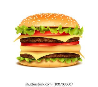  Realistic Hamburger Classic Burger American Cheeseburger with Lettuce Tomato Onion Cheese Beef and Sauce Close up isolated. Fast Food