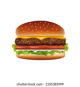 Realistic hamburger on the white background. Ready to apply to your design. Vector illustration.