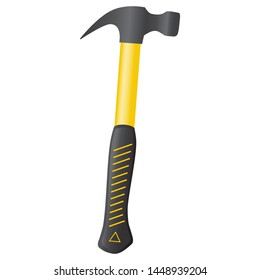 Realistic hammer with a black with a yellow body, a black rubber grip with yellow stripes and a dark metal peen.
