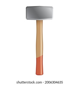 Realistic hammer sledgehammer tool with wood handle isolated on white background. Renovation worker or building equipment tool icon. Vector illustration