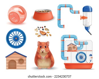 Realistische Hamstersymbole mit Käfig und Spielrad einzeln auf Vektorgrafik