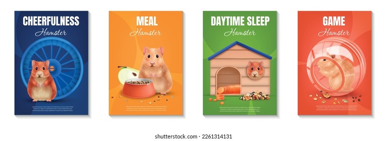 Realistic hamster poster set with funny pet and his accessories isolated vector illustration