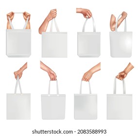 Realistic hand with bag mockup icon set white rag bag on the shoulder in hand from different angles on a white background vector illustration