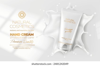 Realistische Handcreme Kosmetik-Tubenverpackung mit Milch oder Sahne-Spritzer, seidigem Hintergrund. Vektorgrafik Hand Kosmetik-, Schönheits- und Hautpflegeprodukt Poster Mockup, 3D-Weißbehälter fällt mit Kronenspritzer